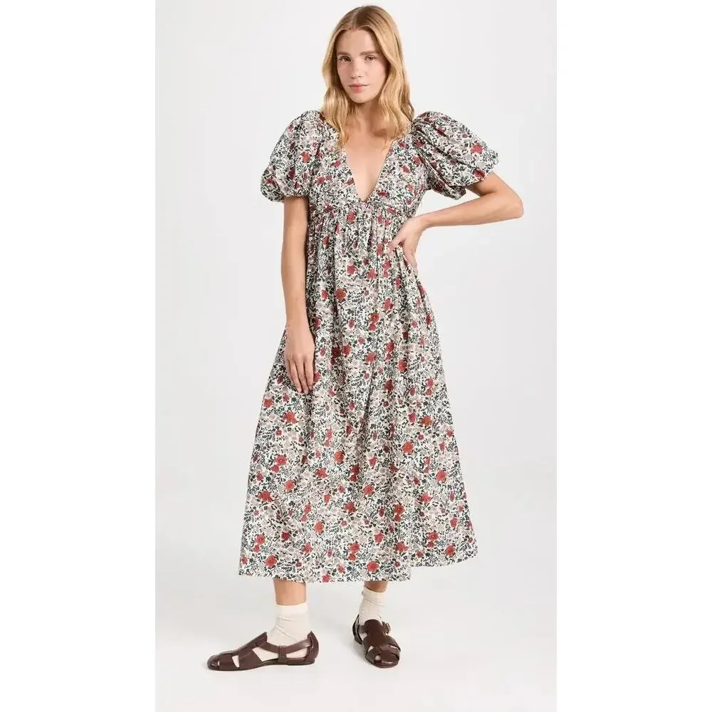 the great midi dress THE GREAT THE Cobblestone Midi Dress Blush Floral Print Smocked Cotton Size 1